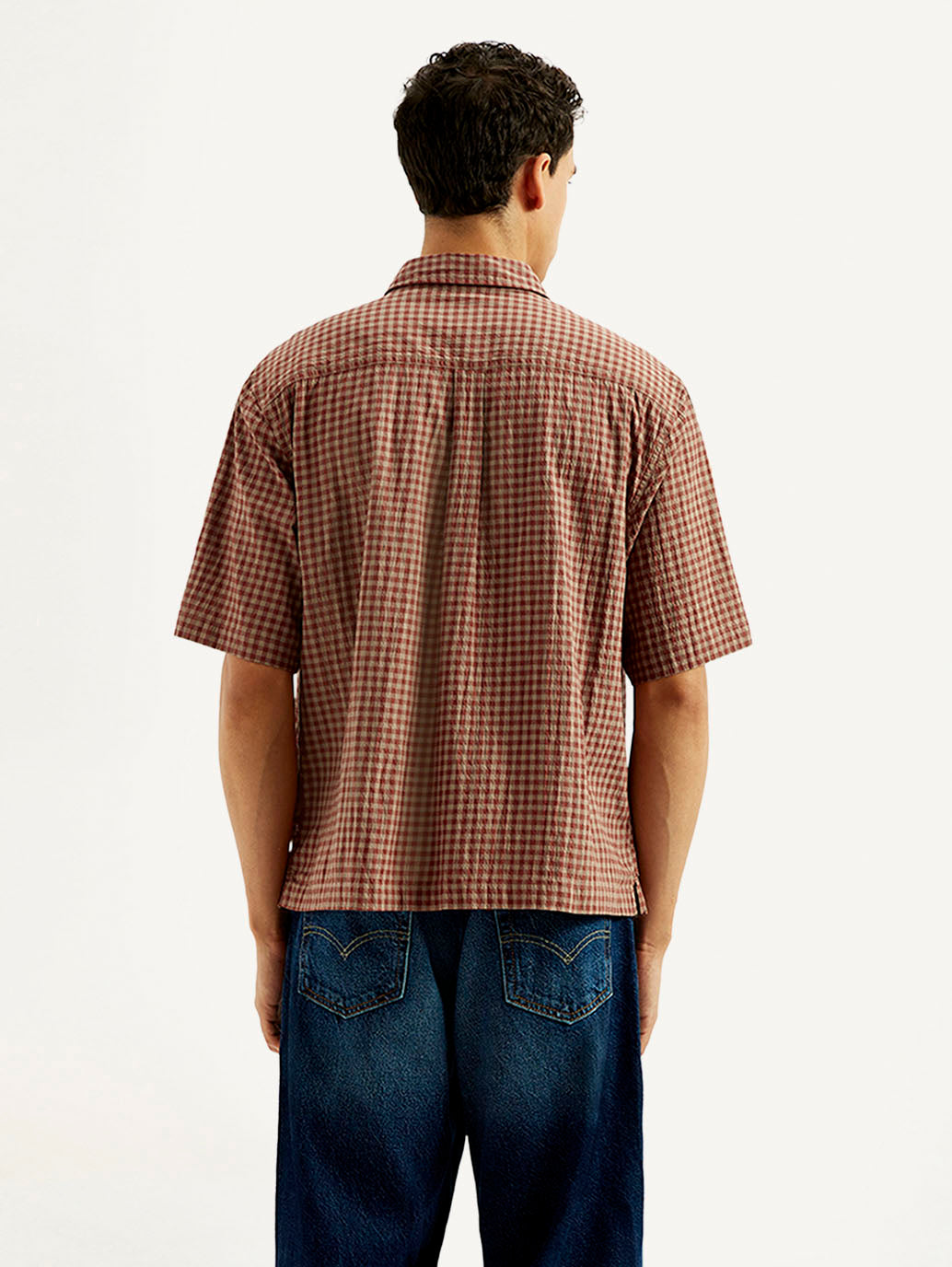 Men's Gingham Print Loose Fit Shirt - Back View