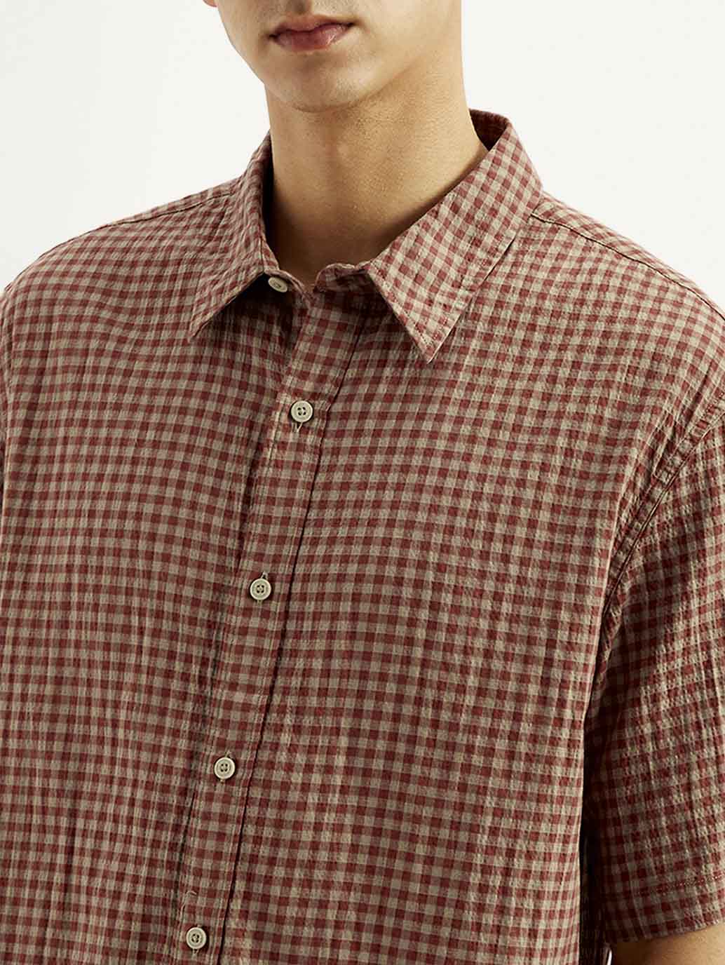 Men's Gingham Print Loose Fit Shirt - Detail View