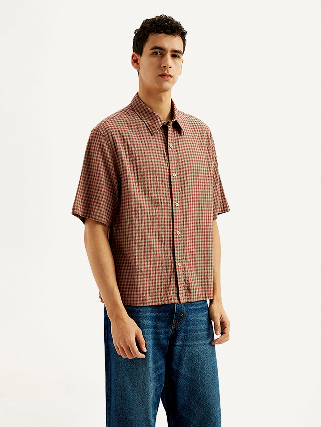 Men's Gingham Print Loose Fit Shirt - Side View