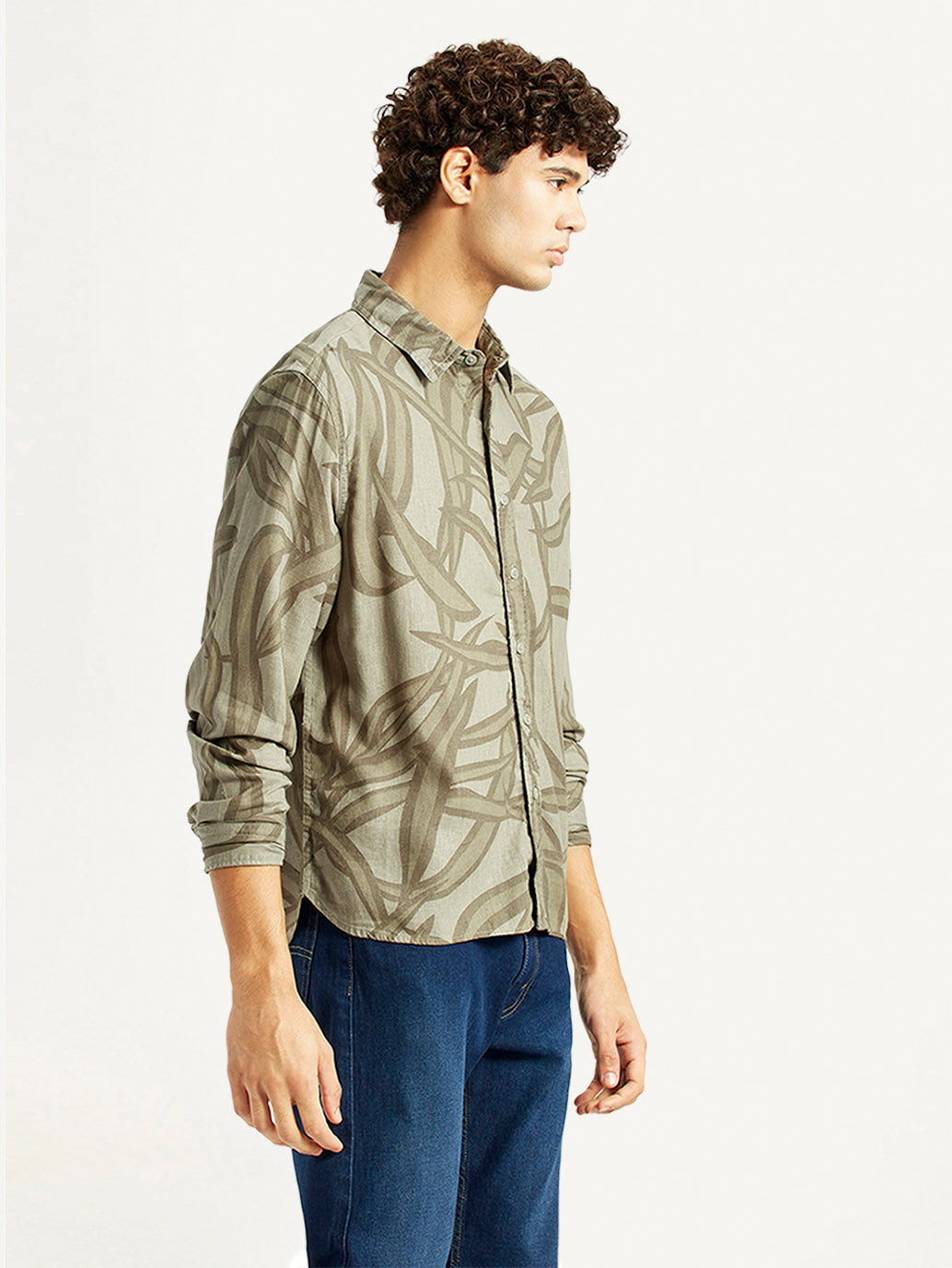 Men's Abstract Taupe Spread Collar Shirt - Side View