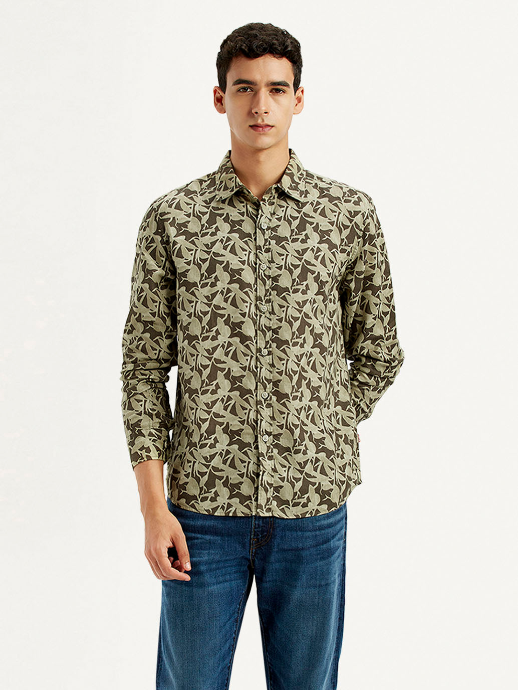 Men's Green Printed Slim Fit Shirt - Front View
