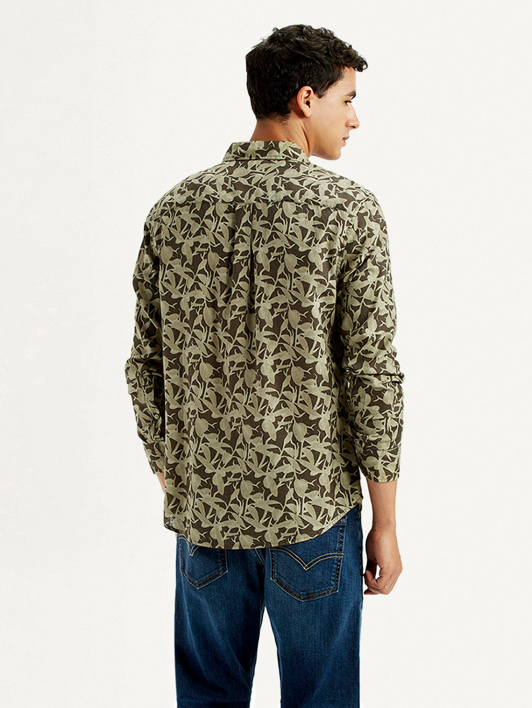 Men's Green Printed Slim Fit Shirt - Back View