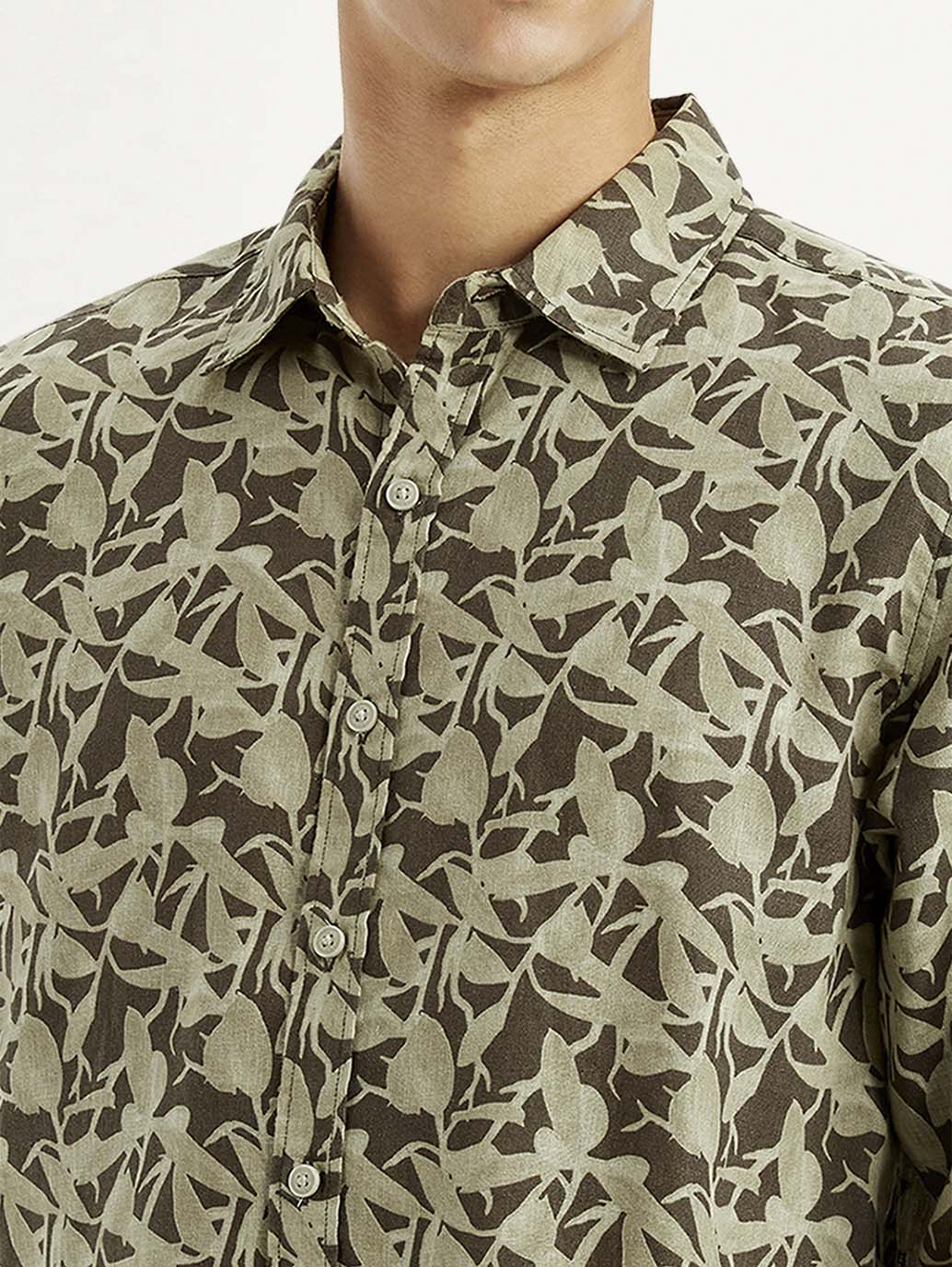 Men's Green Printed Slim Fit Shirt - Detail View