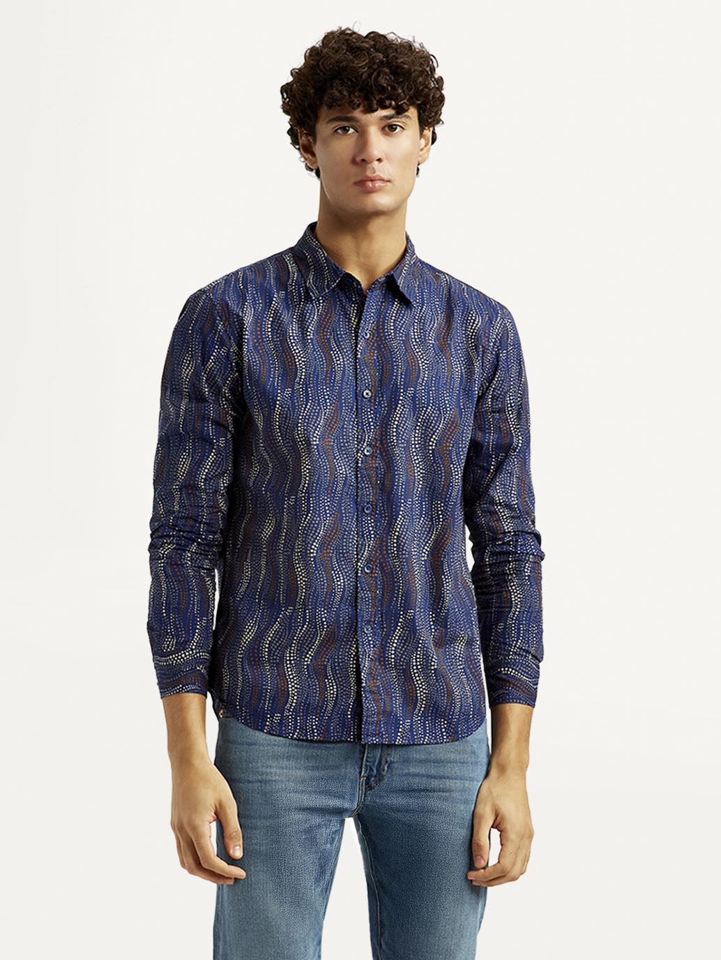 Men's Abstract Navy Slim Fit Shirt - Front View