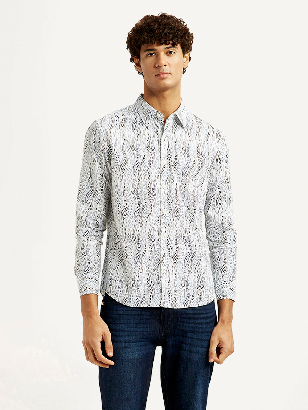 Men's Abstract White Slim Fit Shirt - Front View