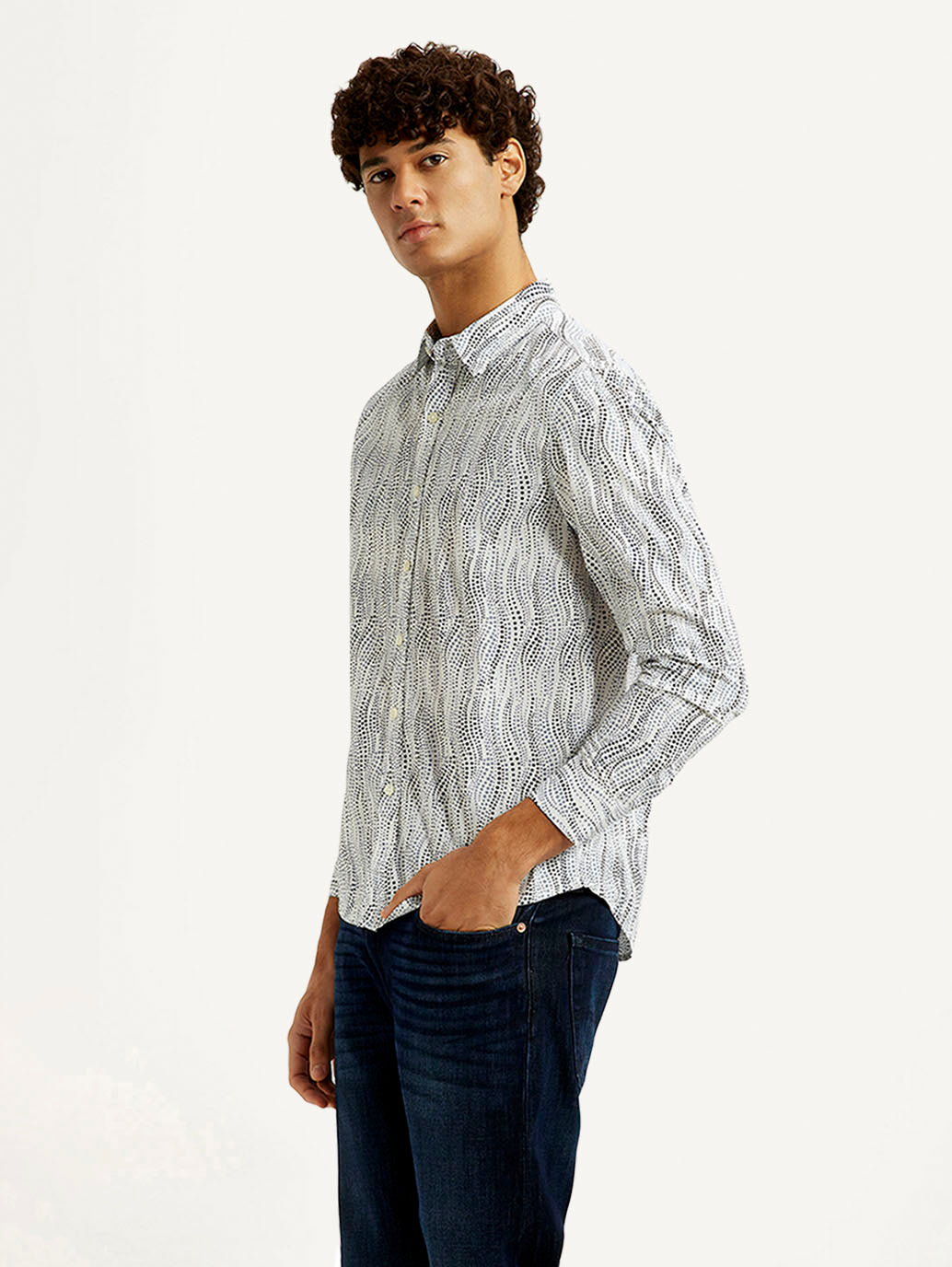 Men's Abstract White Slim Fit Shirt - Side View