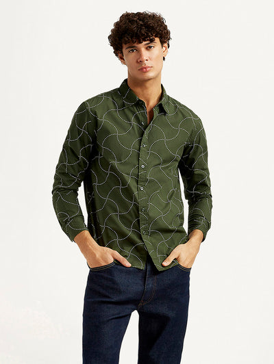 Men's Abstract Olive Slim Fit Shirt-image-1