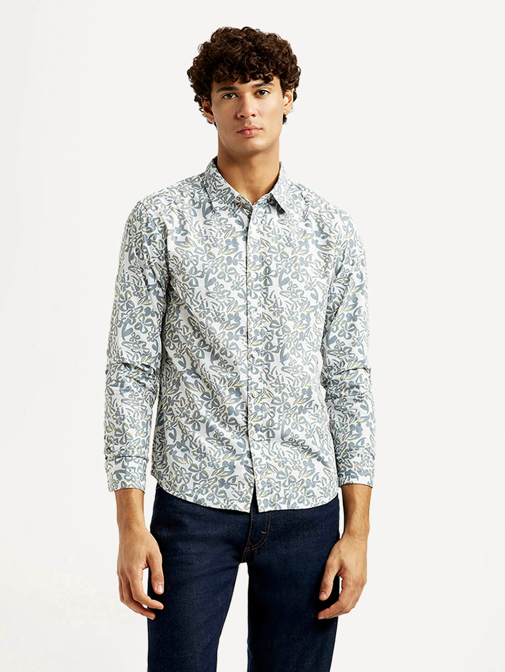 Men's Printed White Slim Fit Shirt - Front View