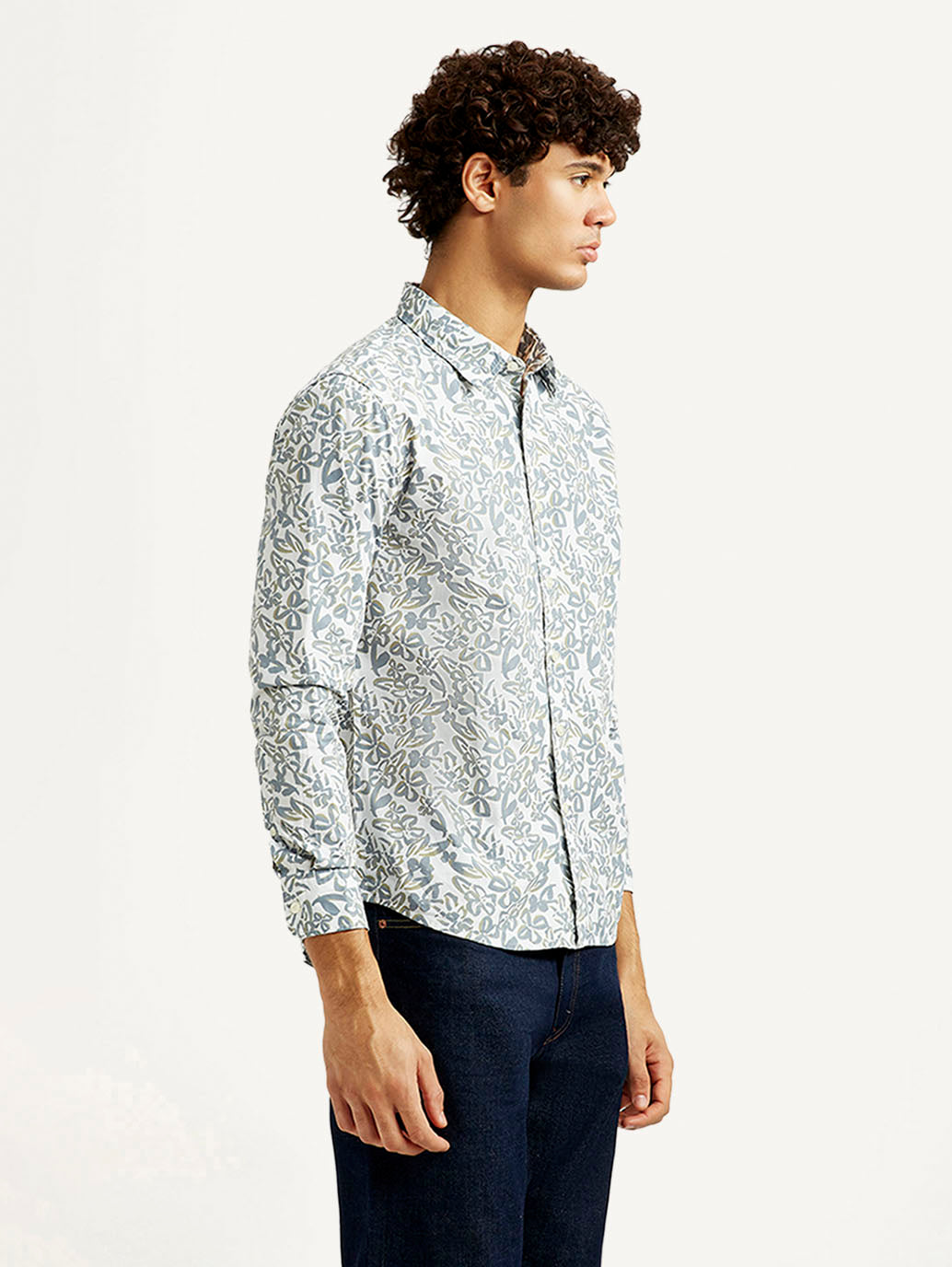 Men's Printed White Slim Fit Shirt - Side View