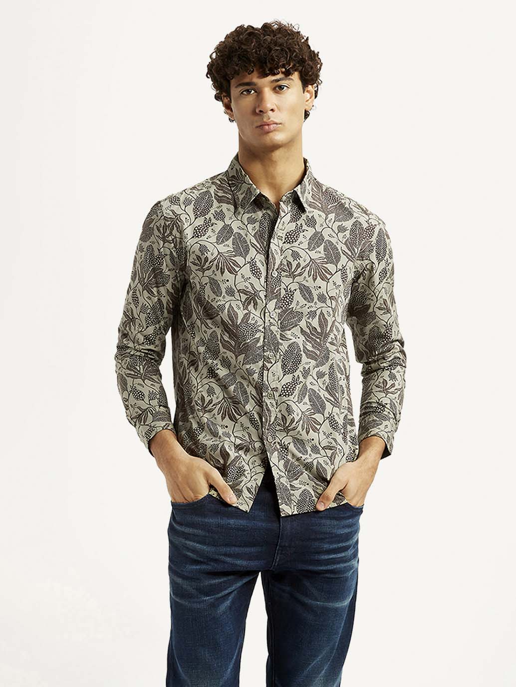 Men's Printed Khaki Slim Fit Shirt - Styleshot View