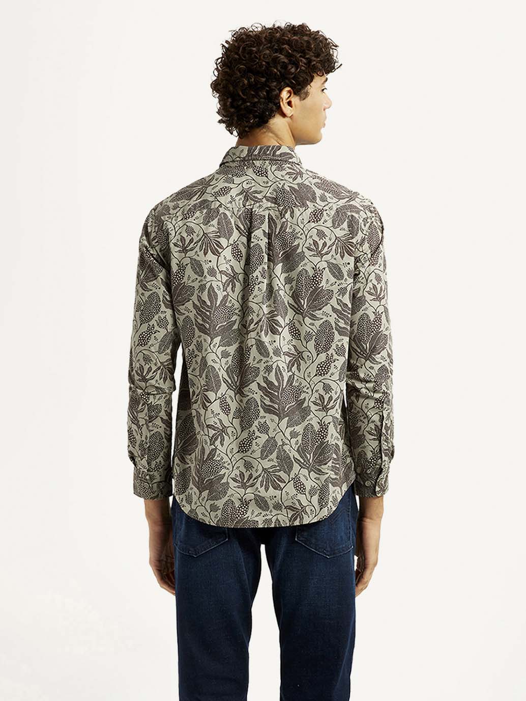 Men's Printed Khaki Slim Fit Shirt - Back View