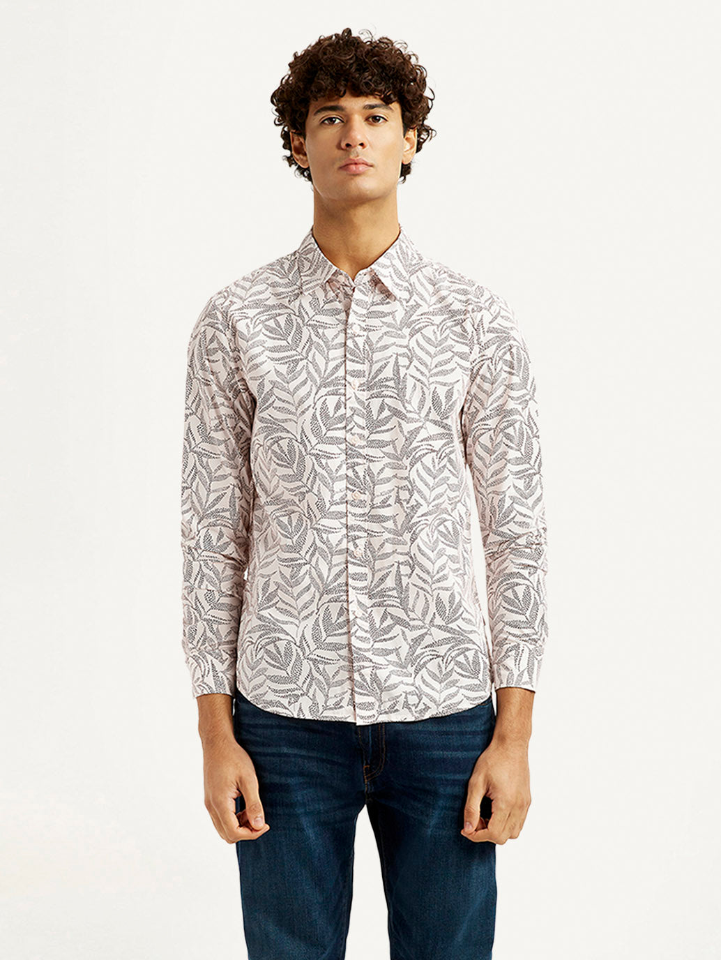 Men's Printed Off White Slim Fit Shirt - Front View