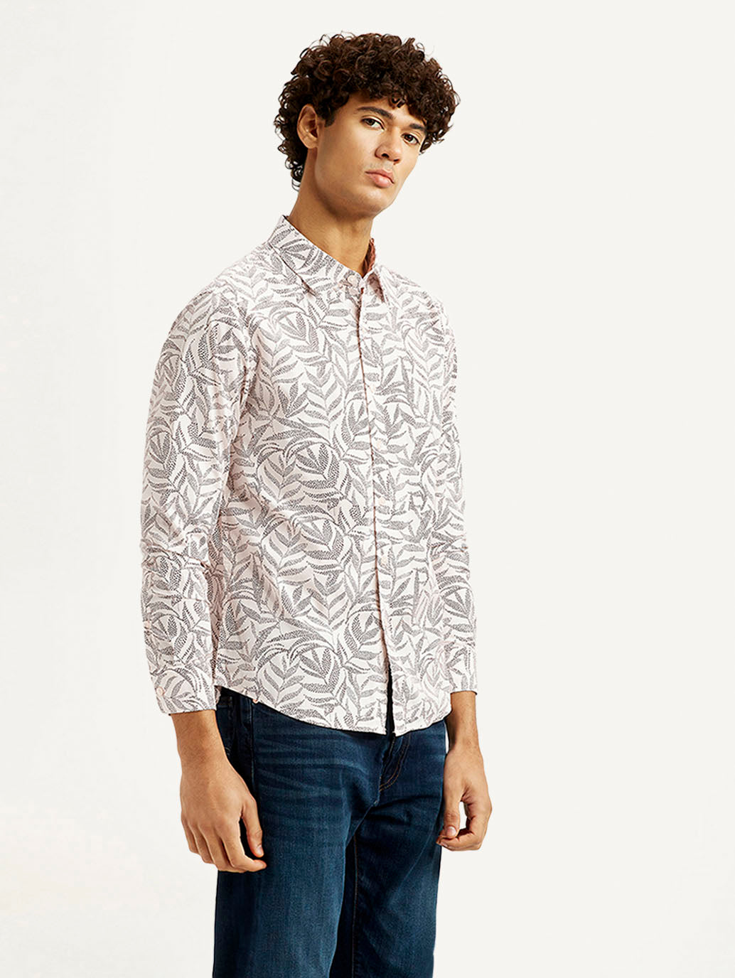 Men's Printed Off White Slim Fit Shirt - Side View