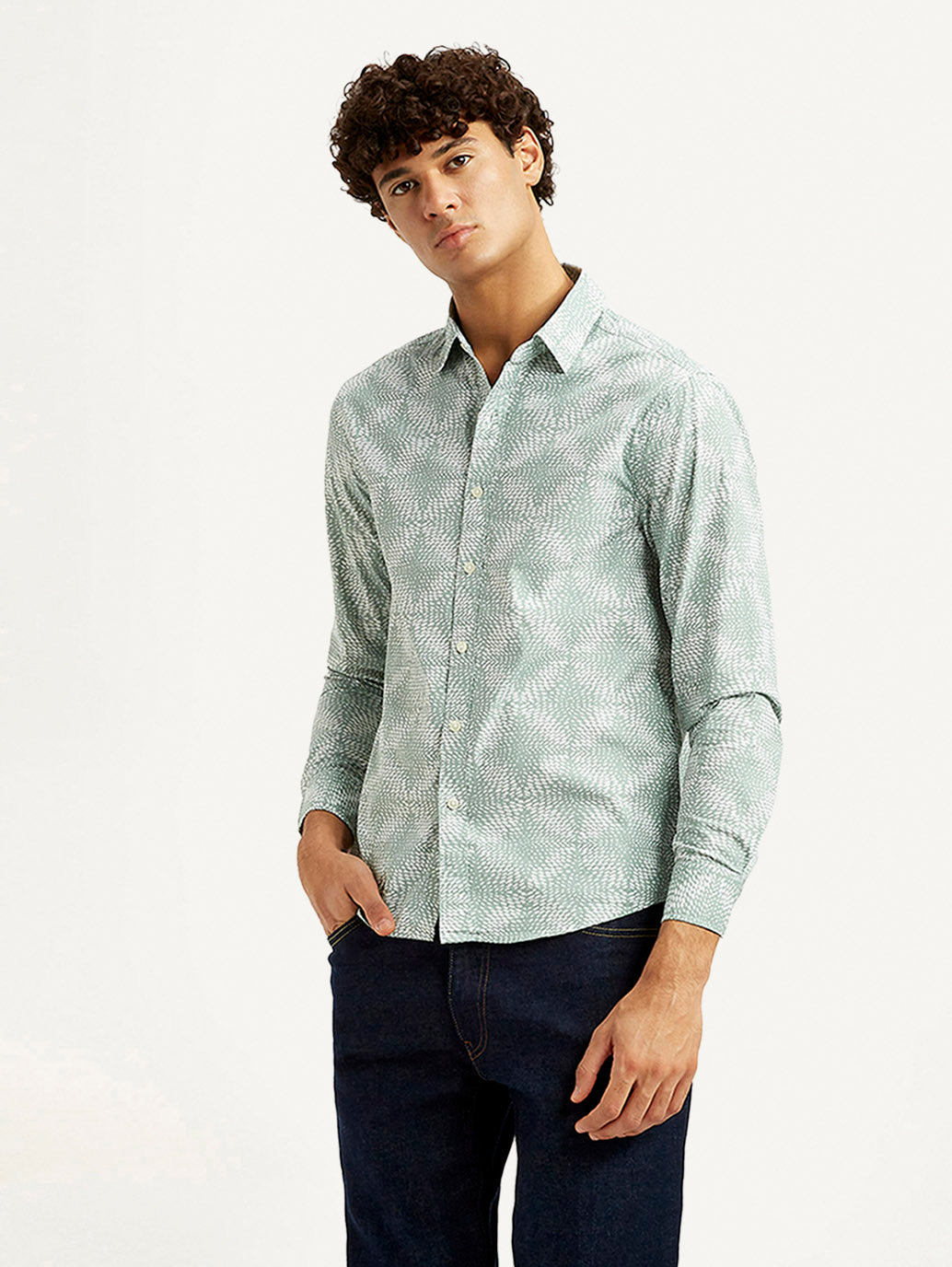 Men's Abstract Light Green Slim Fit Shirt