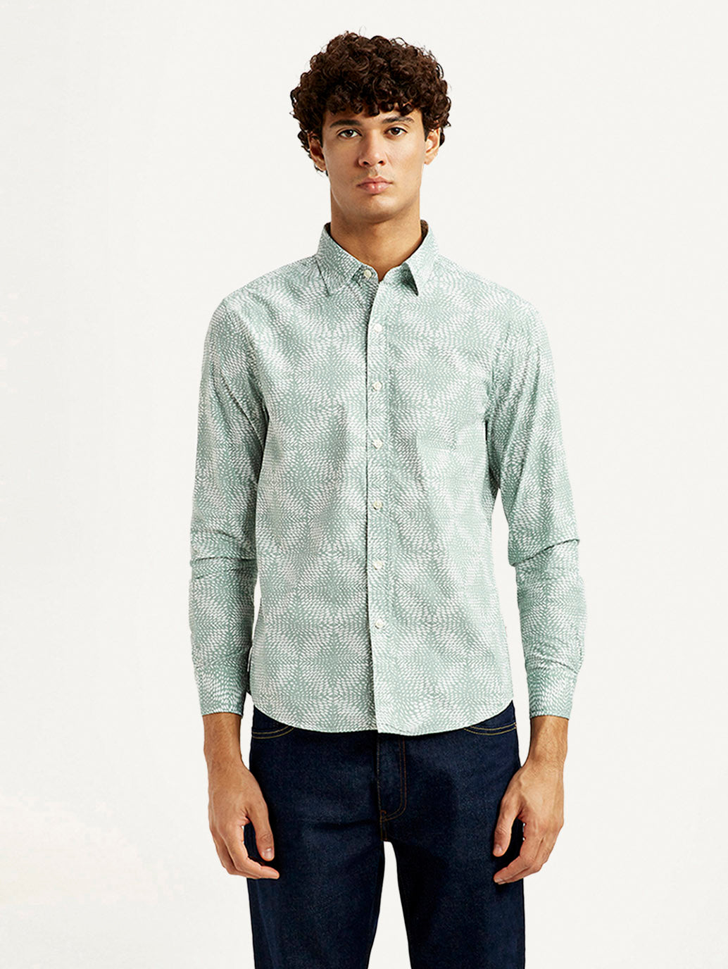 Men's Abstract Light Green Slim Fit Shirt - Front View