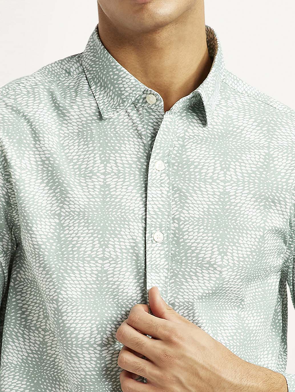Men's Abstract Light Green Slim Fit Shirt - Detail View