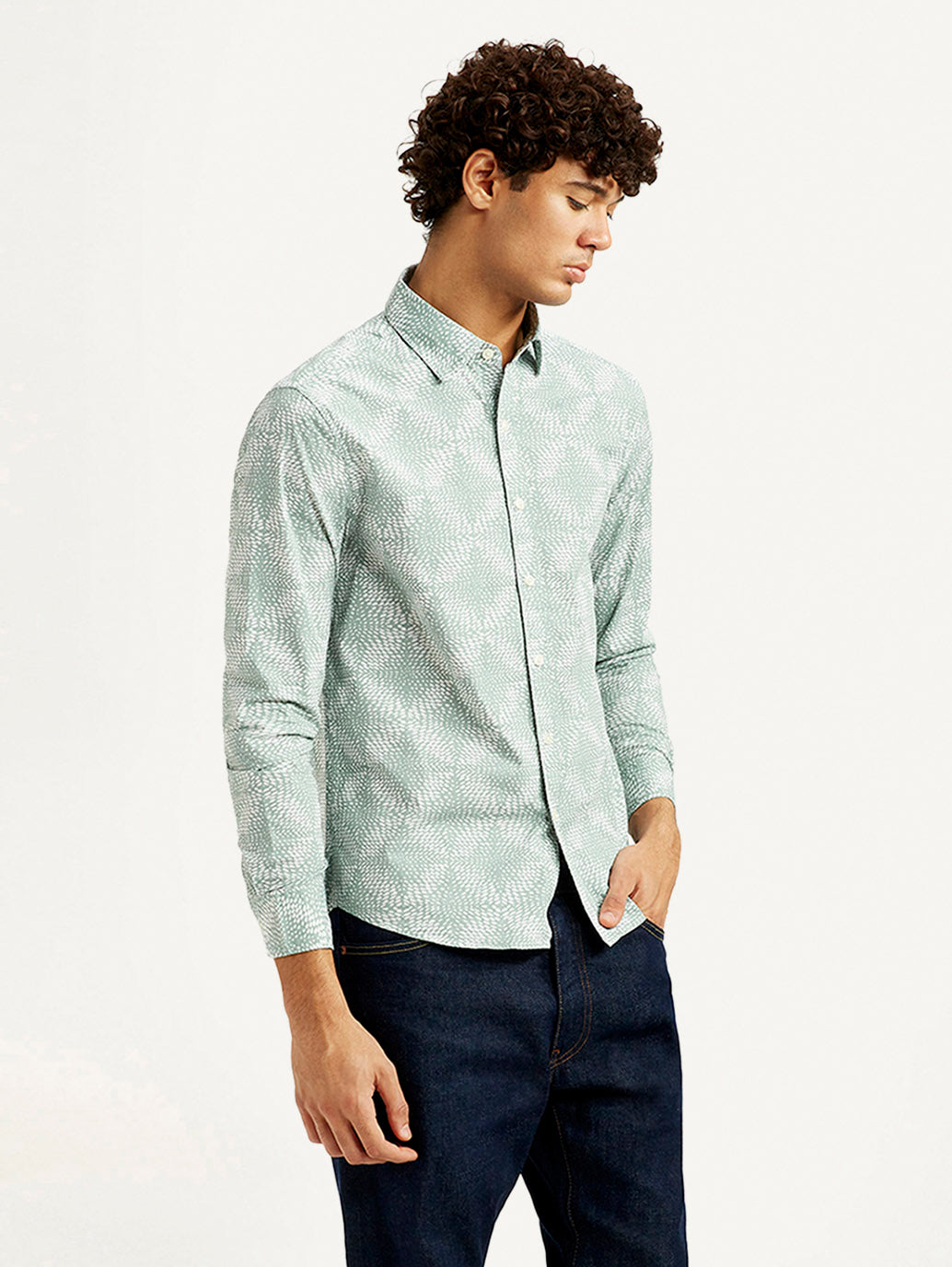 Men's Abstract Light Green Slim Fit Shirt - Side View