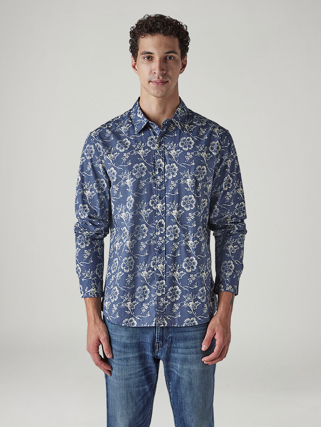 Men's Floral Slim Fit Poplin Shirt - Front View