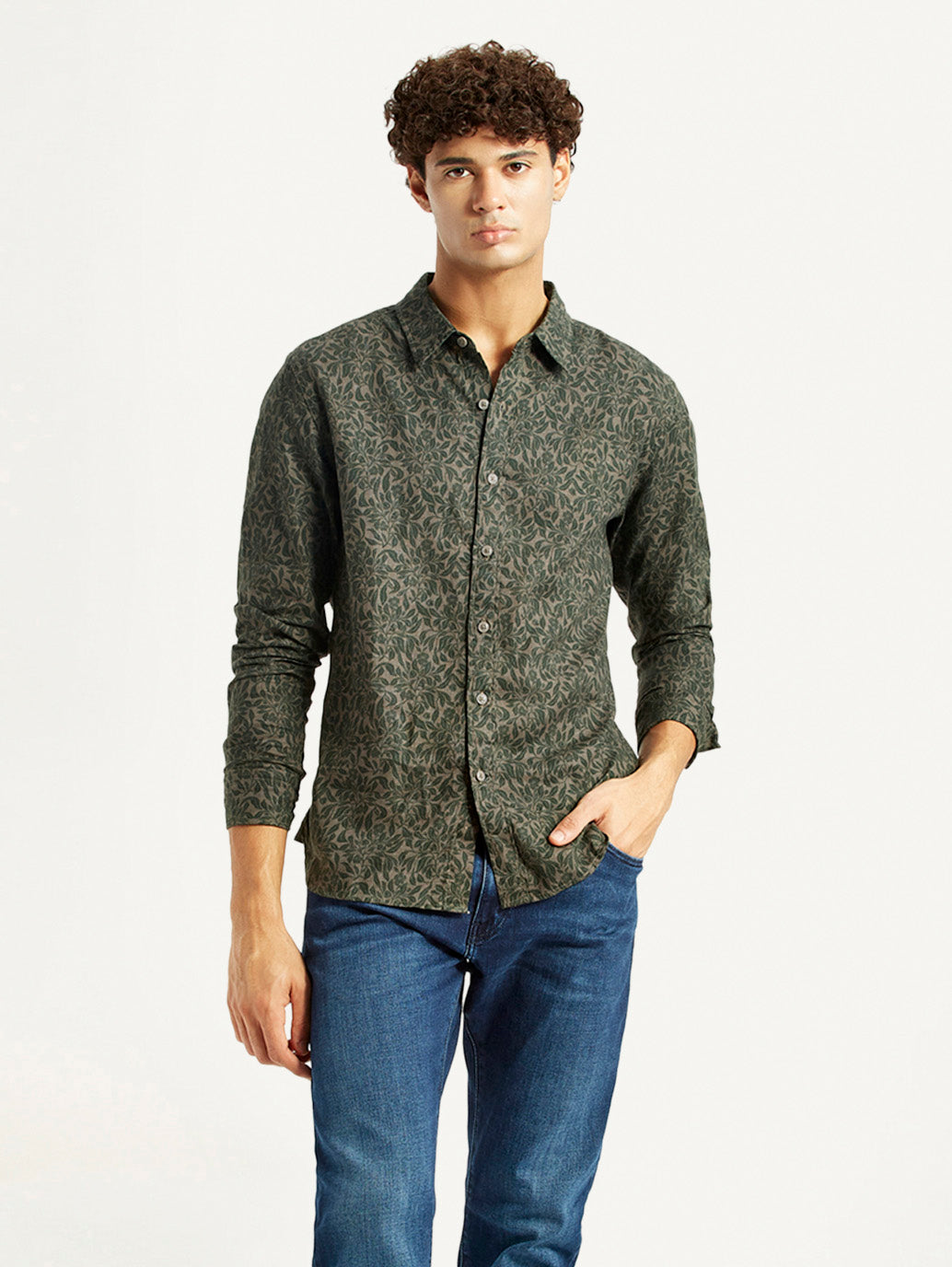 Men's Printed Olive Green Slim Fit Shirt