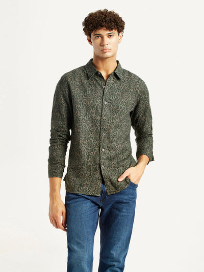 Men's Printed Olive Green Slim Fit Shirt-image-24