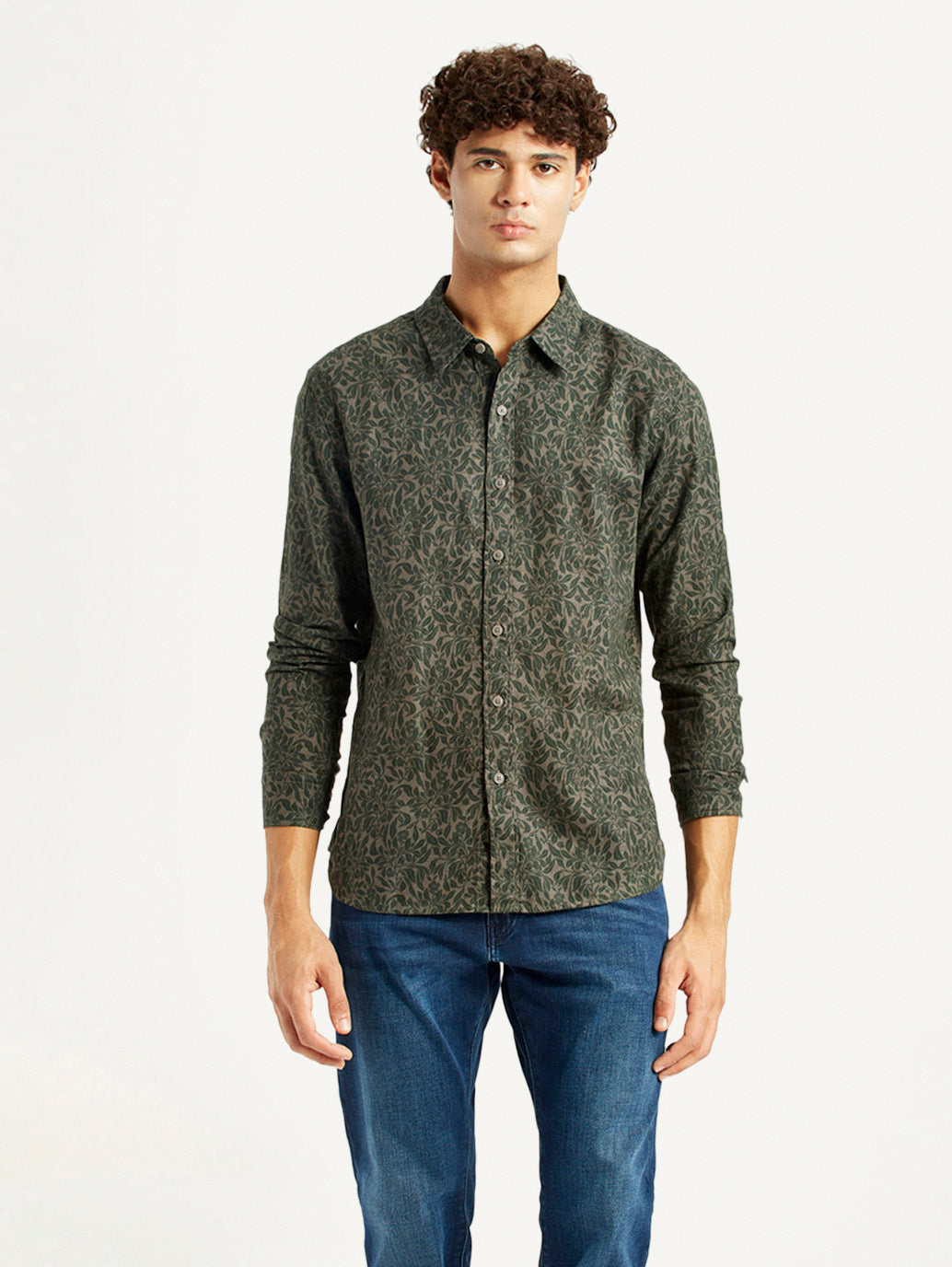 Men's Printed Olive Green Slim Fit Shirt - Front View