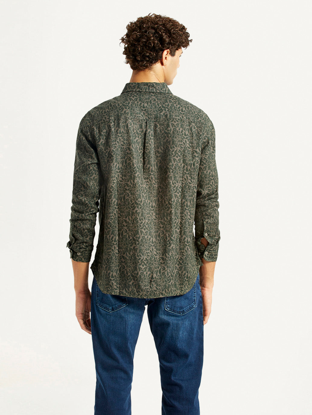 Men's Printed Olive Green Slim Fit Shirt - Back View