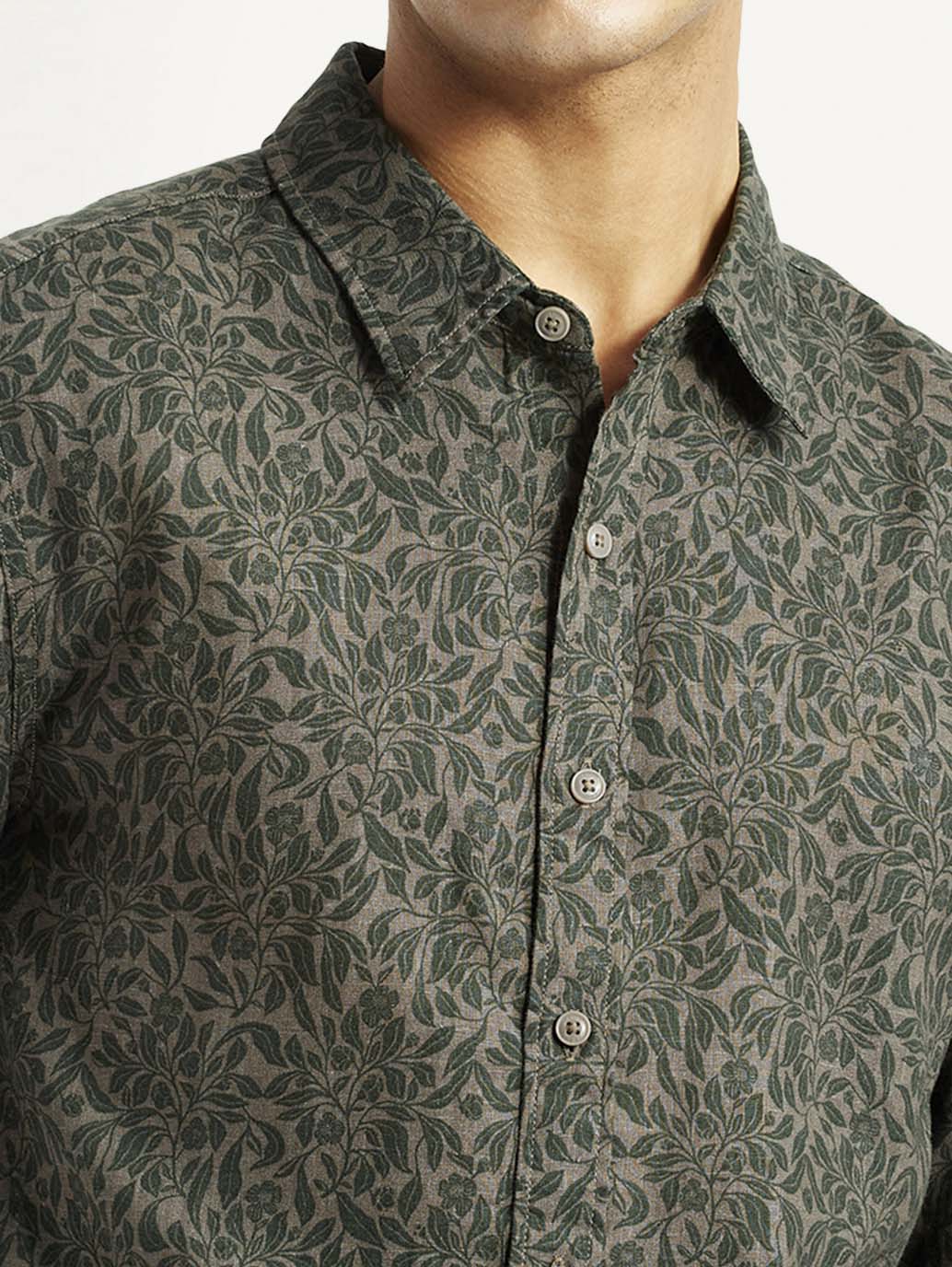 Men's Printed Olive Green Slim Fit Shirt - Detail View