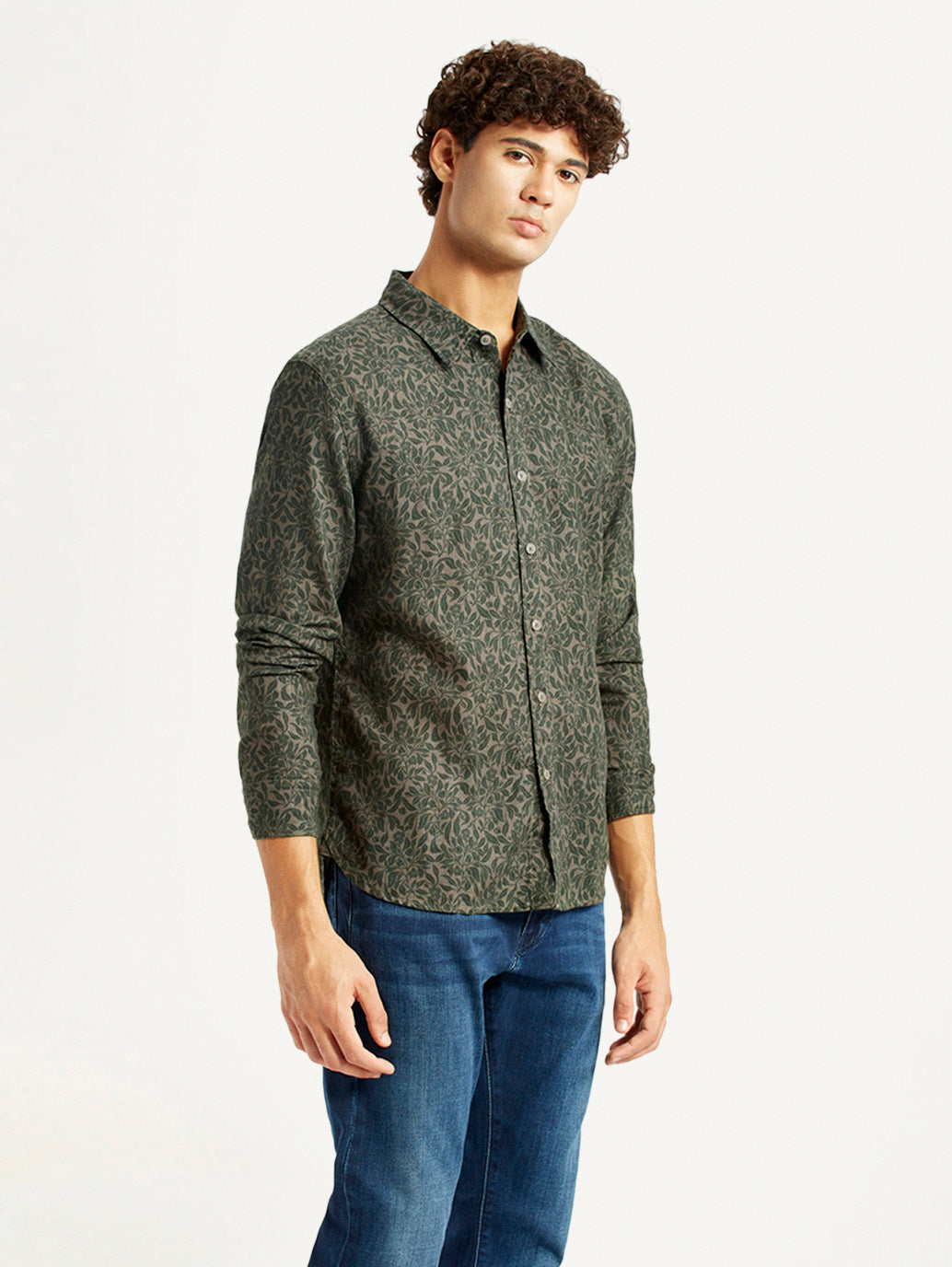 Men's Printed Olive Green Slim Fit Shirt - Side View