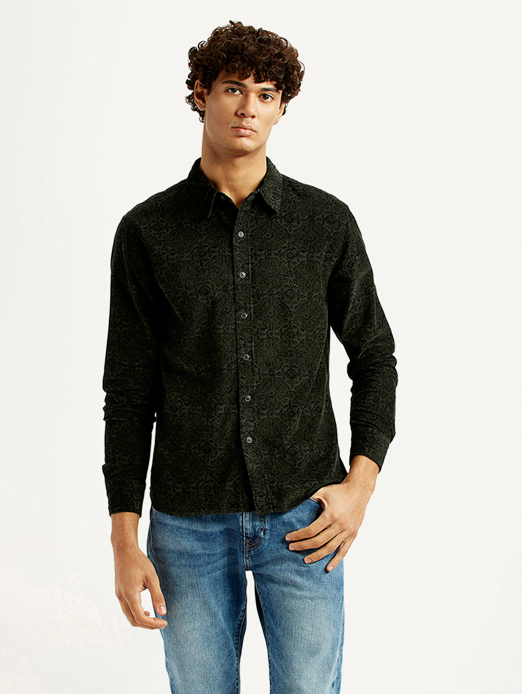 Men's Jacquard Print Slim Fit Corduroy Shirt - Front View