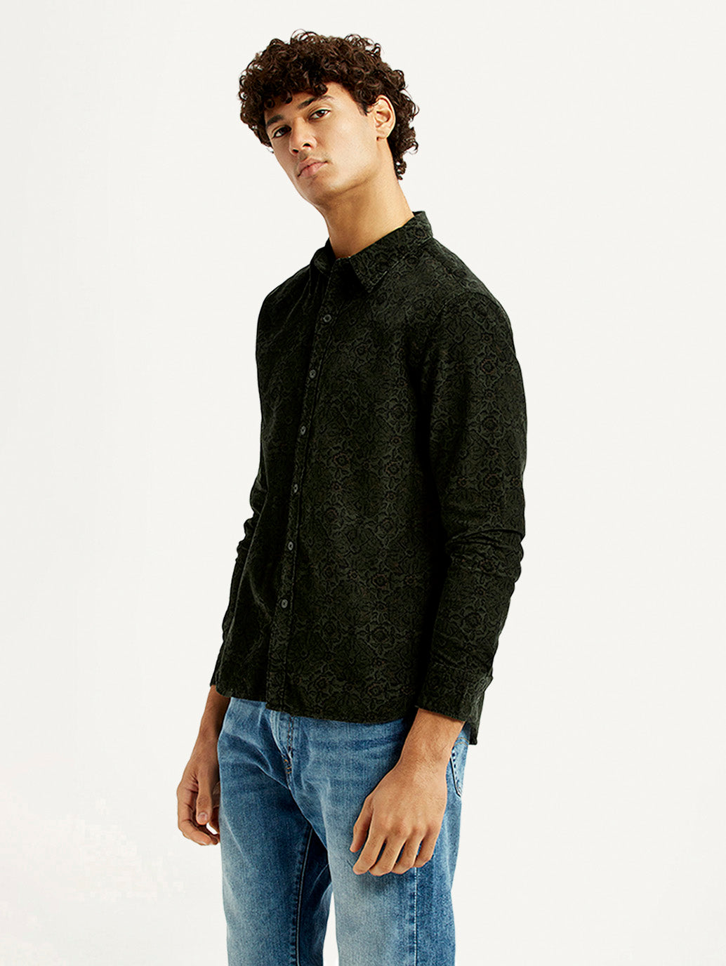 Men's Jacquard Print Slim Fit Corduroy Shirt - Side View