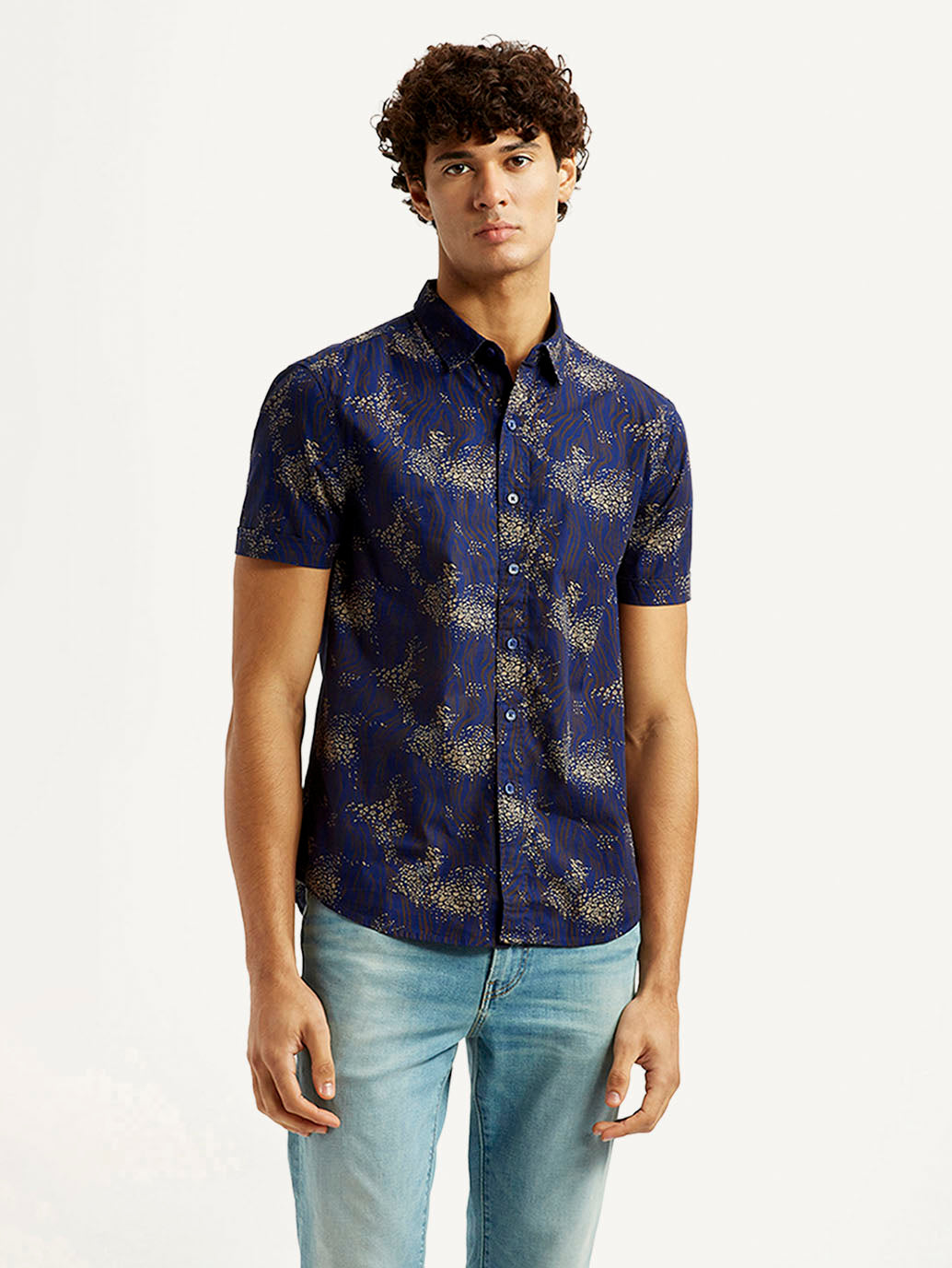 Men's Abstract Dark Blue Slim Fit Shirt - Front View