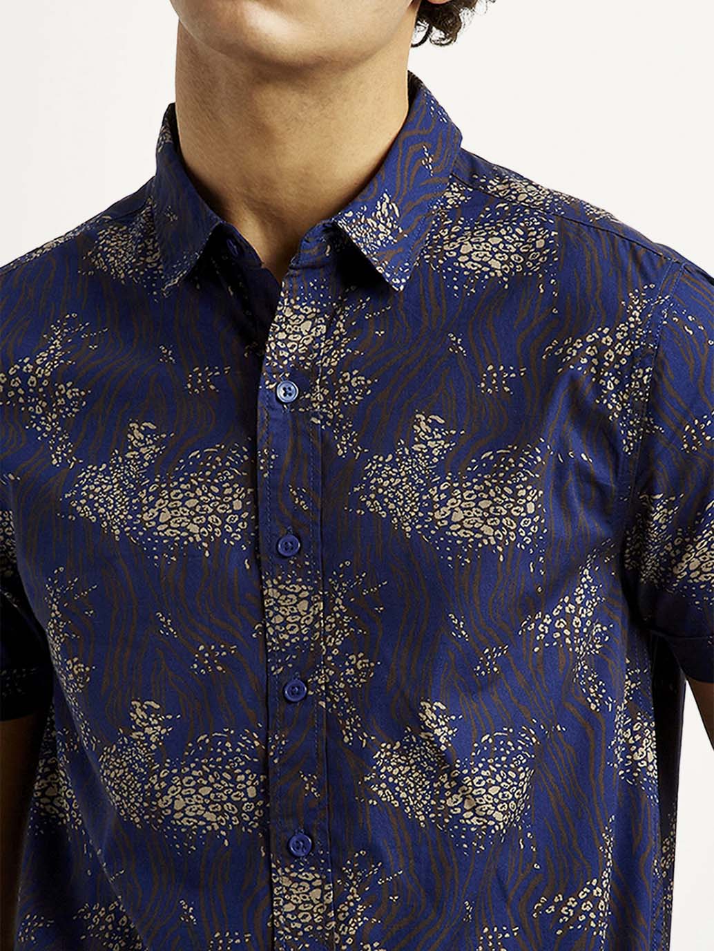 Men's Abstract Dark Blue Slim Fit Shirt - Detail View