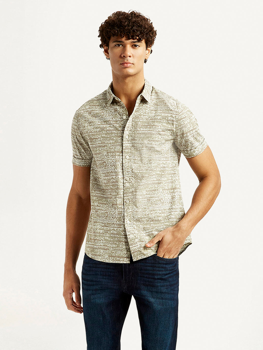 Men's Abstract Beige Slim Fit Shirt