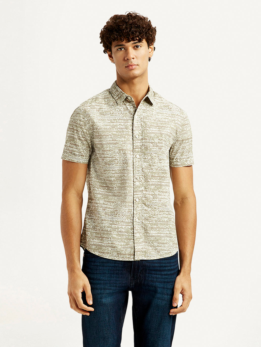 Men's Abstract Beige Slim Fit Shirt - Front View