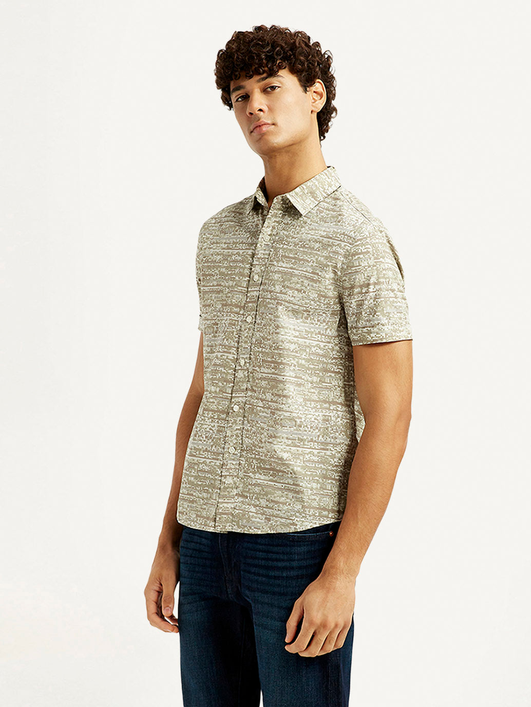 Men's Abstract Beige Slim Fit Shirt - Side View