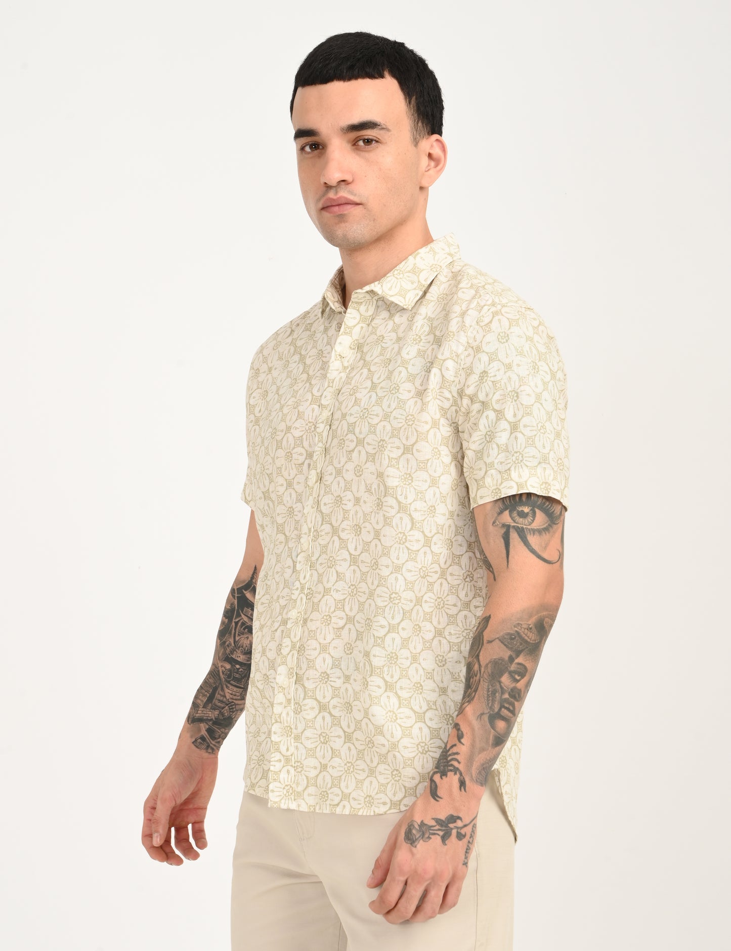 Men's Floral Beige Slim Fit Shirt - side View