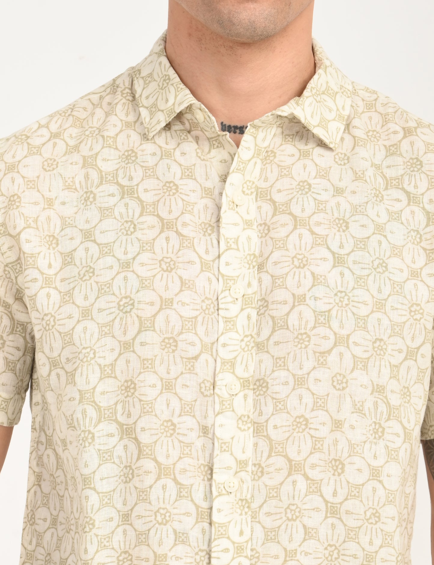 Men's Floral Beige Slim Fit Shirt - deatil View