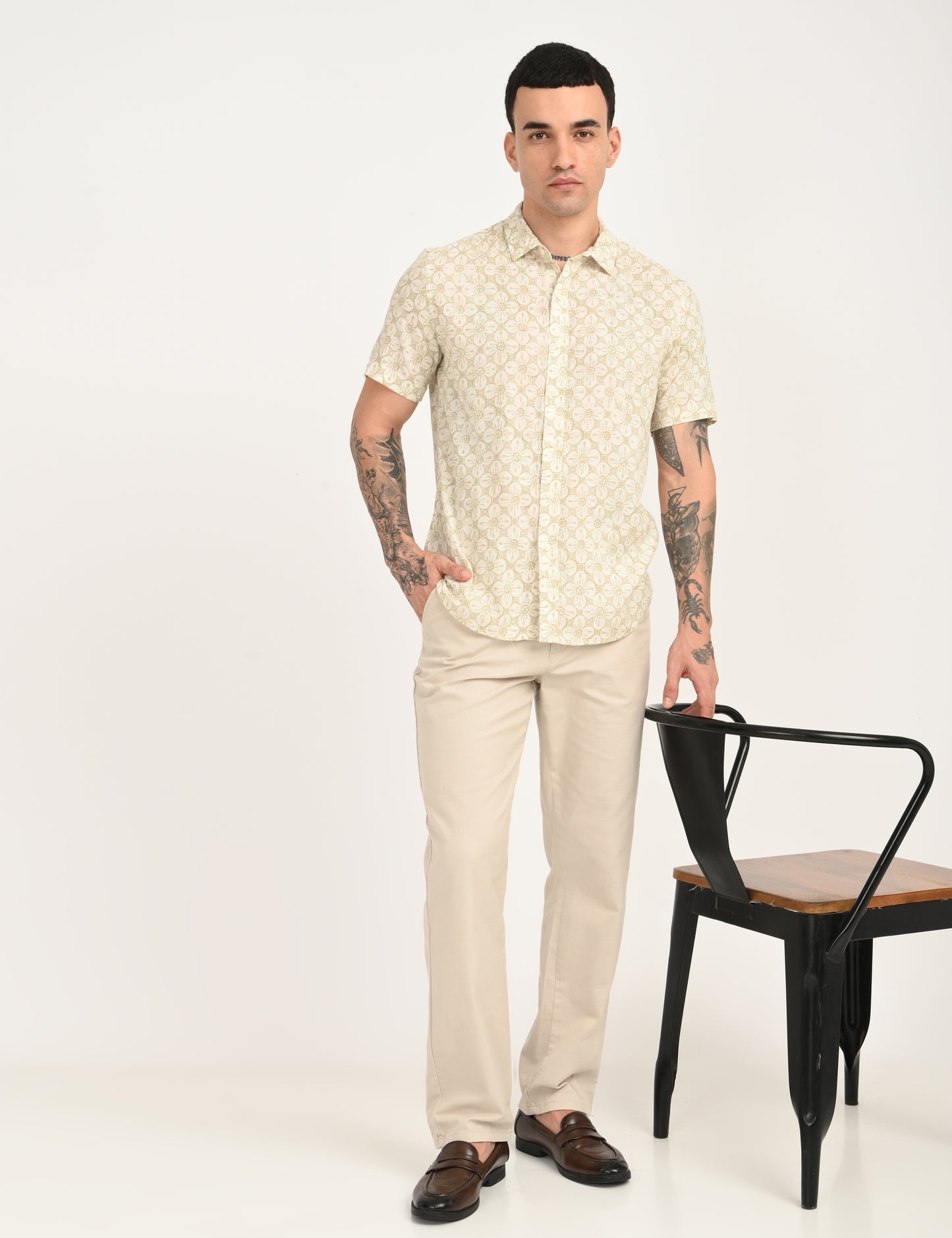 Men's Floral Beige Slim Fit Shirt - 6 View