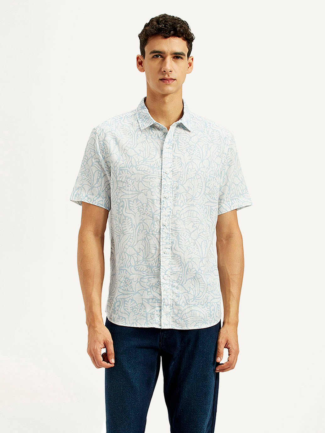 Men's Printed Slim Fit Linen Shirt - Front View