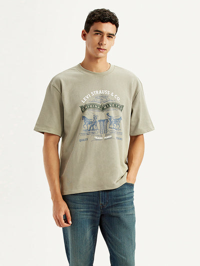 Men's Brand Logo Beige Loose Fit T-shirt