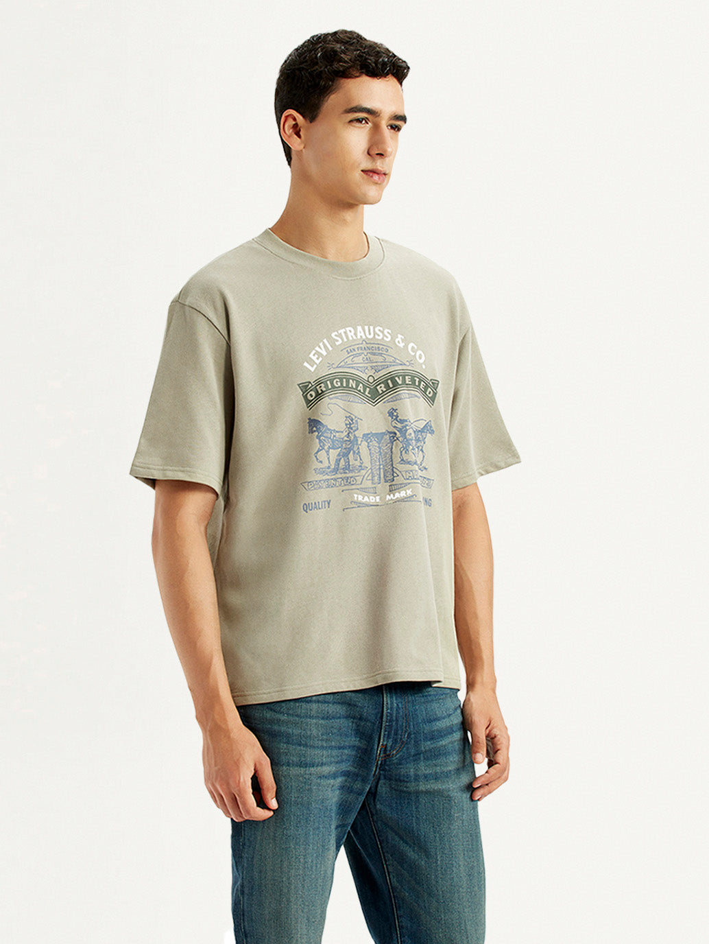 Men's Brand Logo Beige Loose Fit T-shirt - Side View