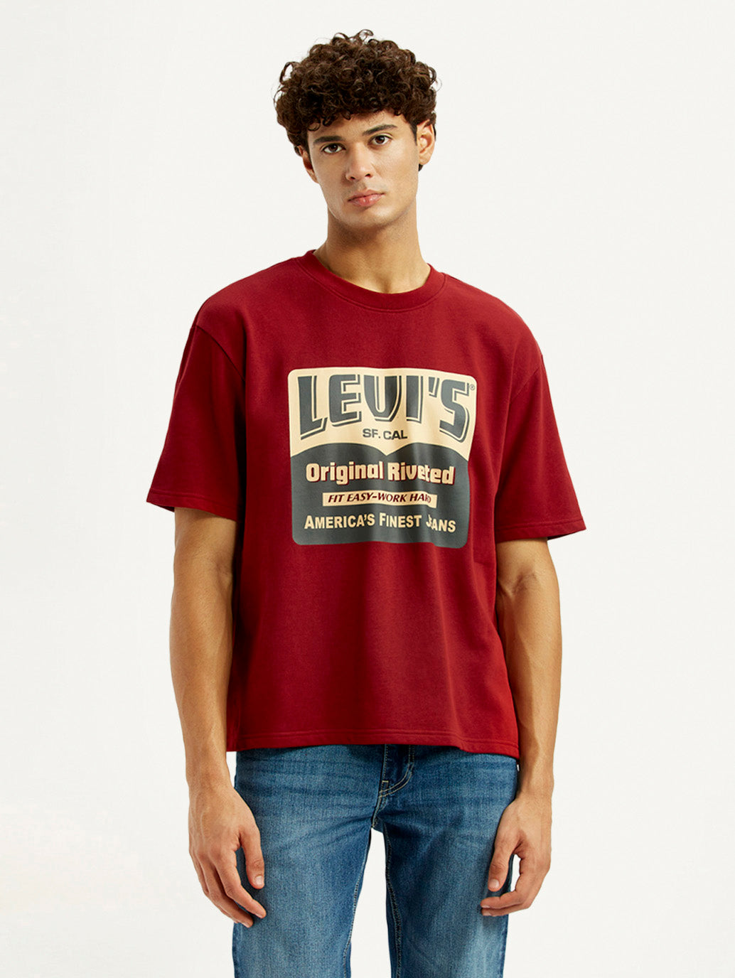 Men's Graphic Print Red Loose Fit T-shirt - Front View