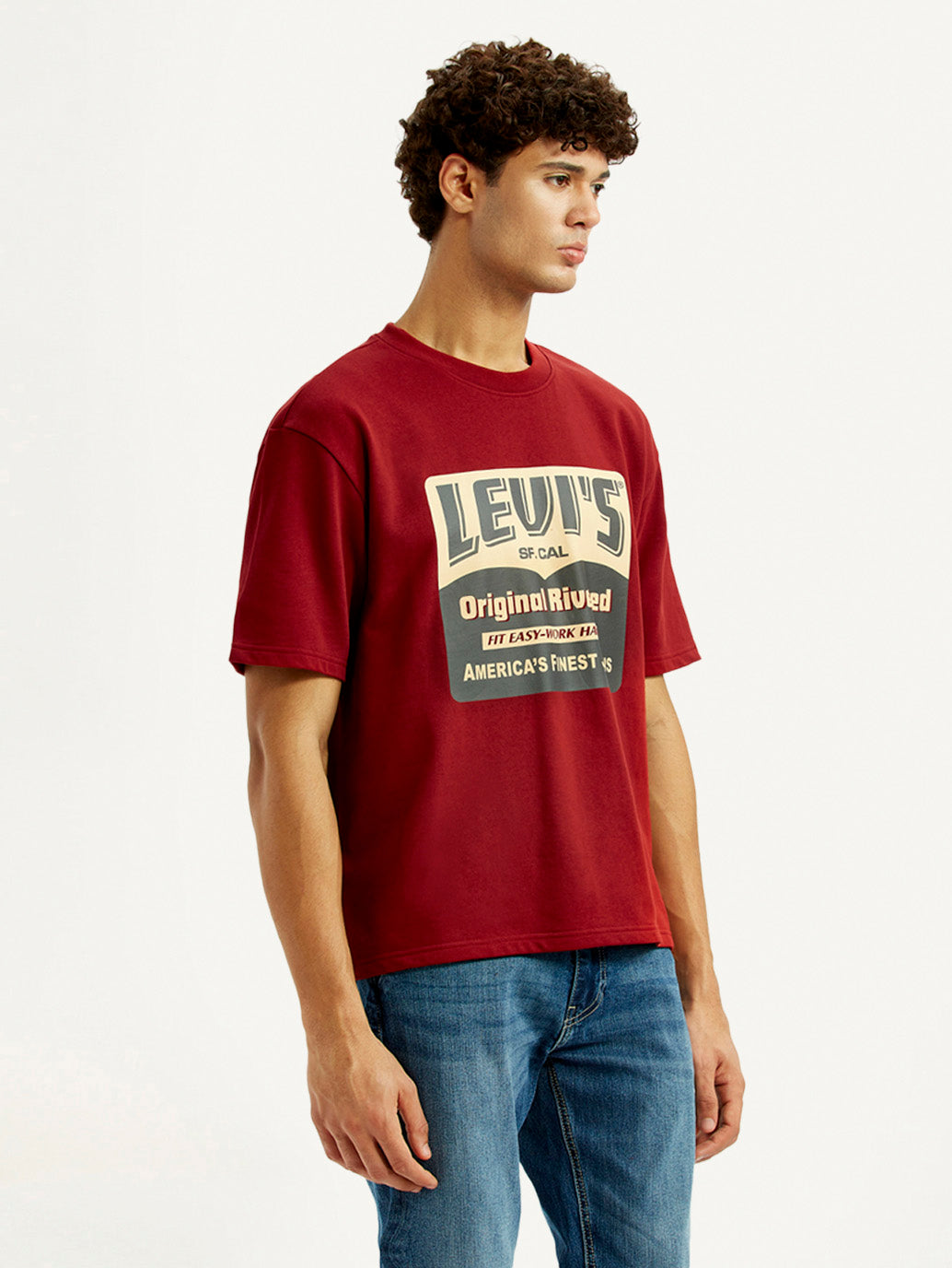 Men's Graphic Print Red Loose Fit T-shirt - Side View