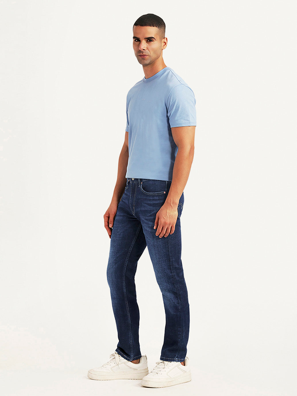 Men's 505 Dark Blue Straight Fit Mid Rise Jeans - Side View
