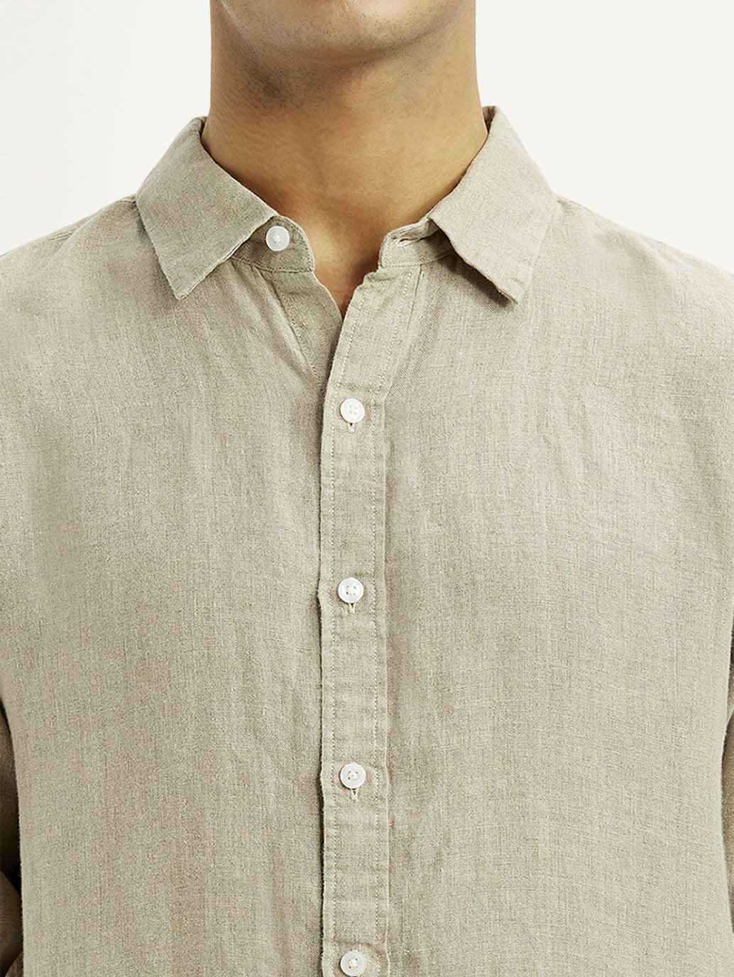 Men's Solid Beige Slim Fit Shirt - Detail View