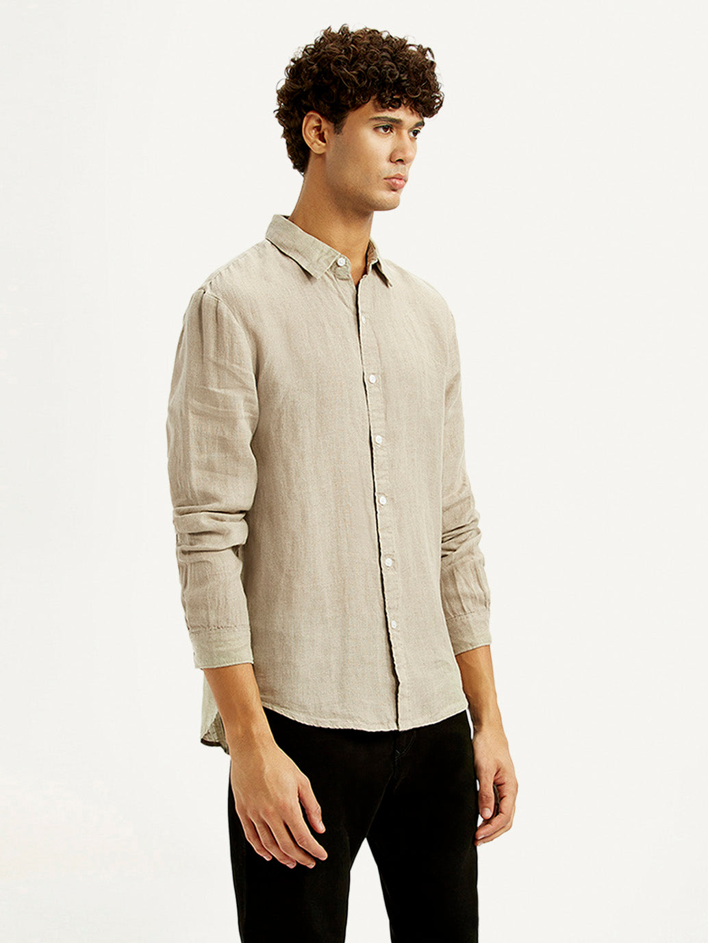Men's Solid Beige Slim Fit Shirt - Side View
