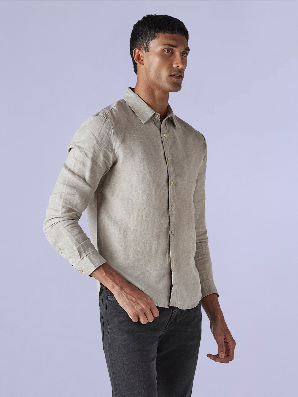 Men's Solid Slim Fit Redloop Linen Shirt - Side View