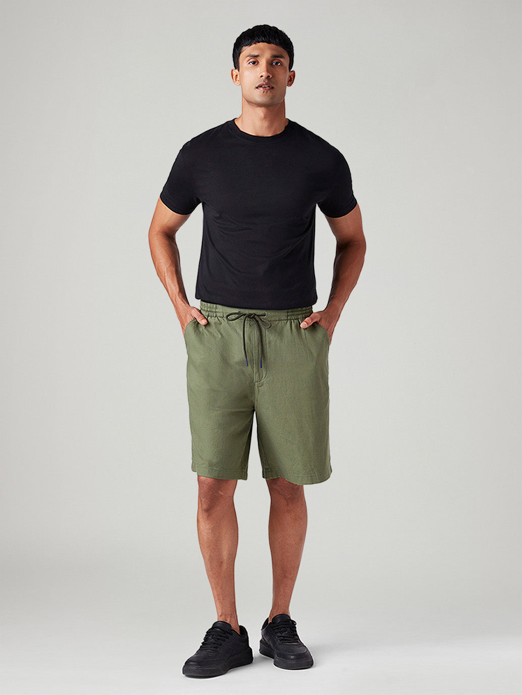 Men's Olive Baggy Fit Mid Rise Linen Shorts - Front View
