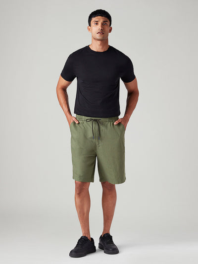 Men's Olive Baggy Fit Mid Rise Linen Shorts