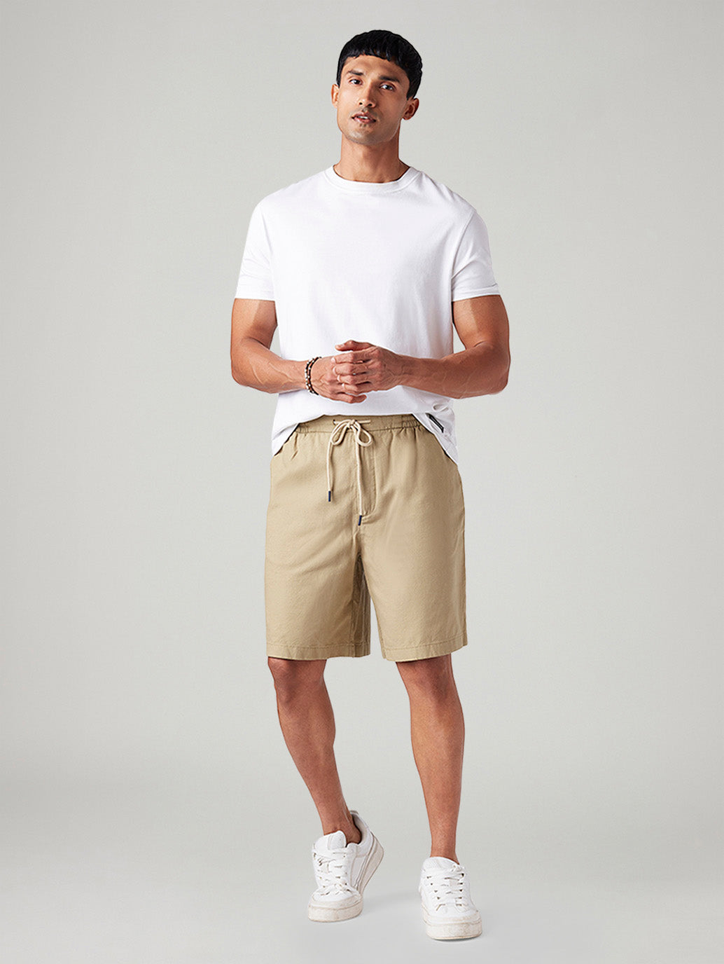 Men's Beige Baggy Fit Mid Rise Linen Shorts - Styleshot View